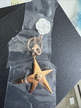 CHANEL Gold Star Charm clasp Keyring with silver White Camellia flower new
